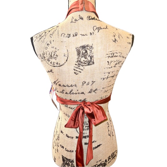 Upscale Shiny Satin Copper Tie Front Apron Halter Top - Picture 4 of 14